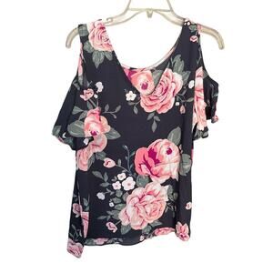 C&E Cold Shoulder Blouse Short Sleeve V-Back Stretch Floral Black/Multi Sz L NWT